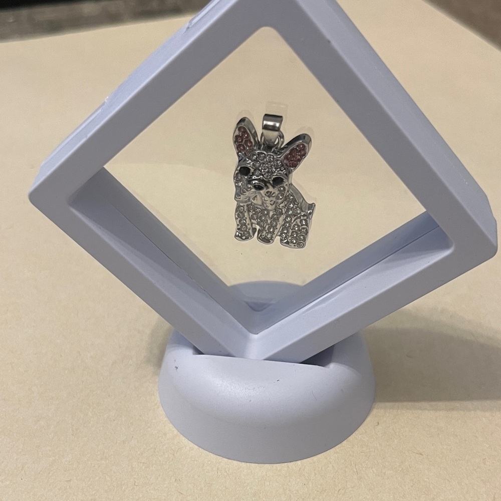 French Bulldog Silver Crystal Pendant Necklace - Pink Ear Accents display case